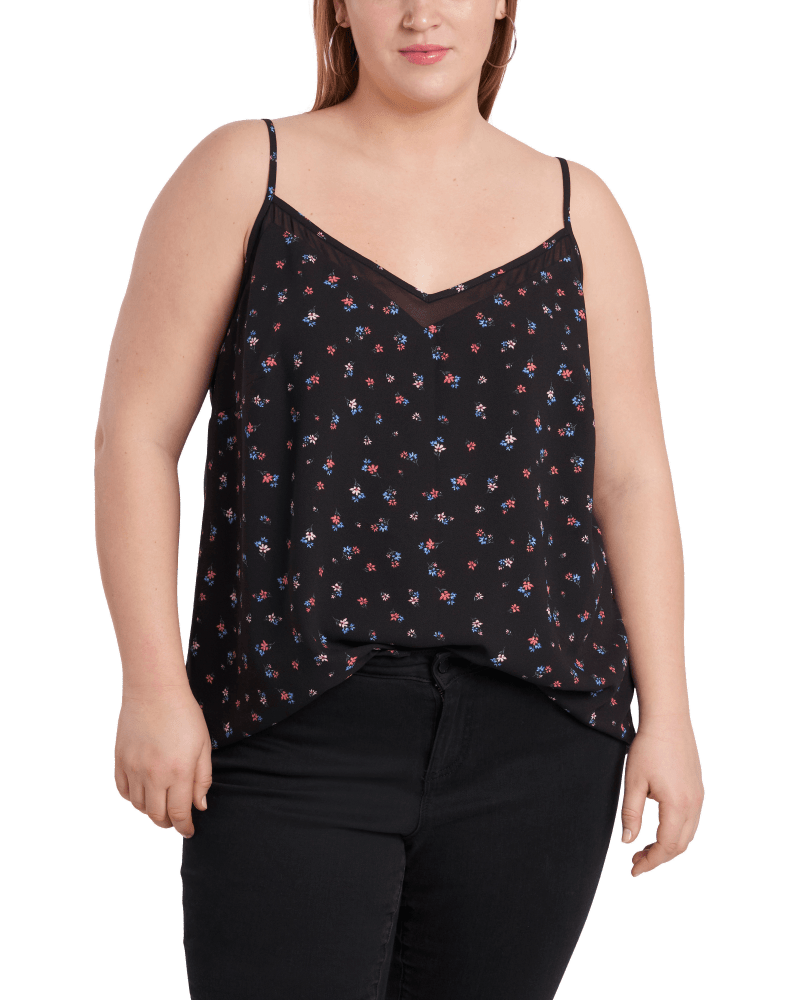 Front of a model wearing a size 0X Stella Inset Cami in PTE FLR DTSY-972 by 1.State. | dia_product_style_image_id:262279